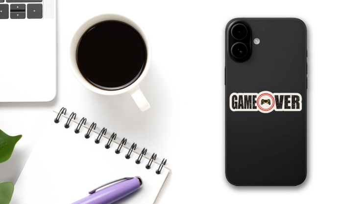 Gamer Over Sticker on a Phone (New) example