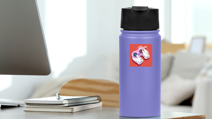 Gamer with Cartoon Hands Sticker on a Water Bottle (New) example