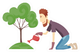 Gardener Landscaper Working Watering Tree Cartoon Sticker