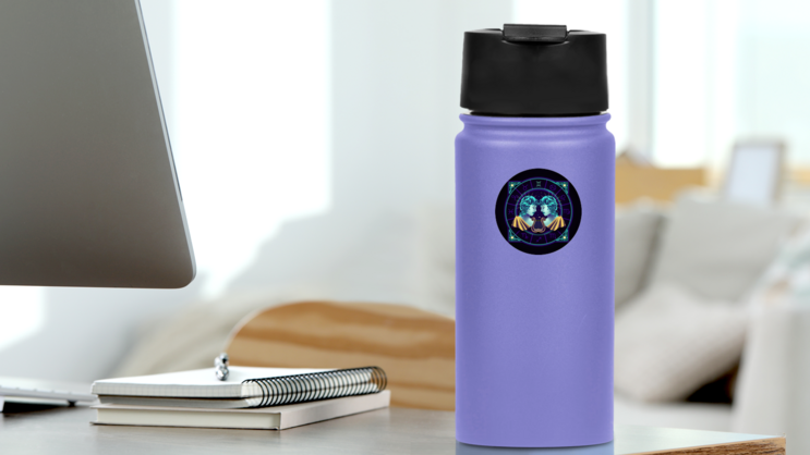 Gemini Zodiac Neon Horoscope Symbol Sticker on a Water Bottle (New) example
