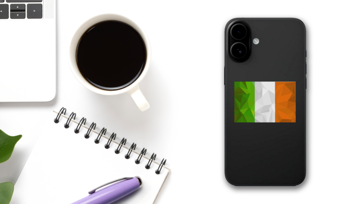 Geometric Mosaic Ireland Flag Sticker on a Phone (New) example