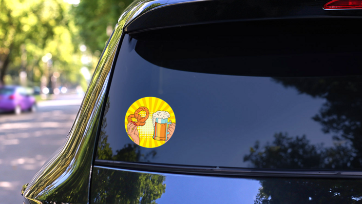 German Oktoberfest Poster Light Beer, Pretzels In Hand Sticker on a Rear Car Window (New) example