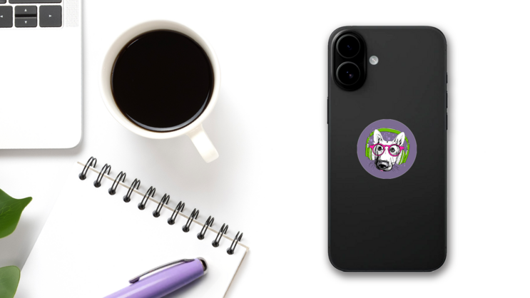 German Shepherd In Pink Glasses And Green Headphones Sticker on a Phone (New) example