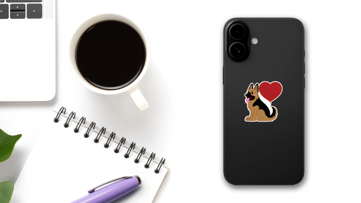 German Shepherd Valentine Sticker on a Phone (New) example