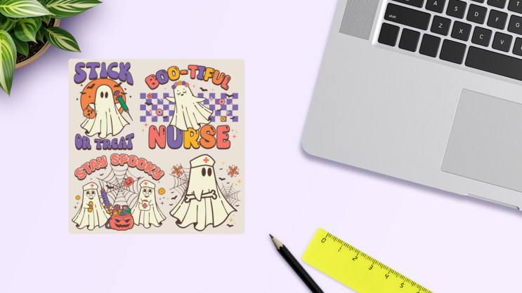 Ghost Nurse Sticker Sheet on a Desk (New) example