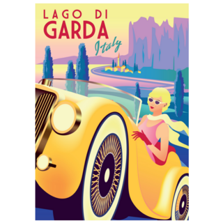 Girl In A Retro Car With Lake Italy Travel Sticker
