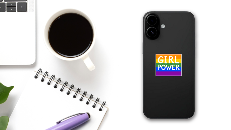 Girl Power Gay Pride Flag Sticker on a Phone (New) example