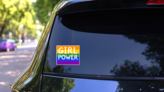Girl Power Gay Pride Flag Sticker on a Rear Car Window (New) example