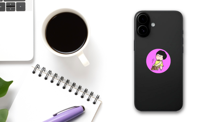 Girl Saving Donuts In Her Dress Sticker on a Phone (New) example