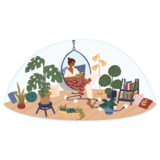 Girl Sitting In Comfortable Hanging Chair in Indoor Garden Sticker