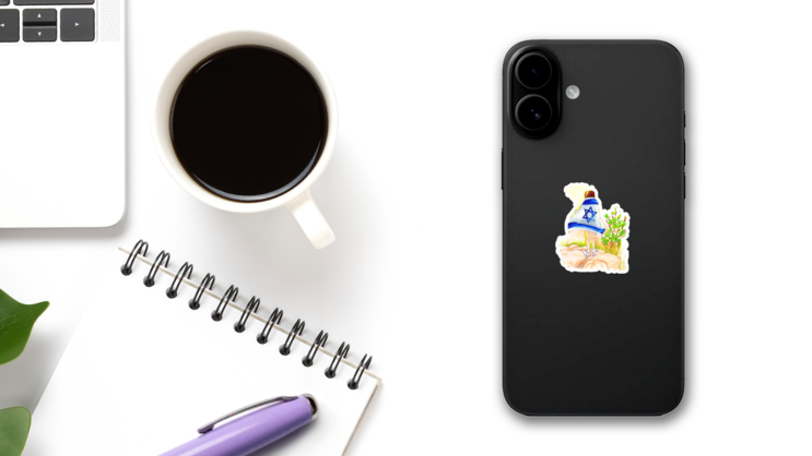 Girl Wearing Israel Flag Watercolor Sticker on a Phone (New) example