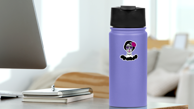 Girl With Sugar Skull Makeup Sticker on a Water Bottle (New) example