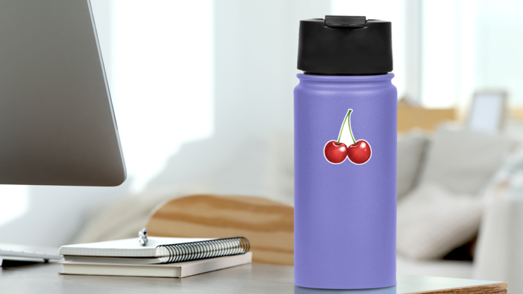 Glossy Cherries Sticker on a Water Bottle (New) example