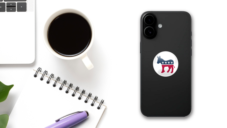 Glossy Democratic Party Logo Sticker on a Phone (New) example