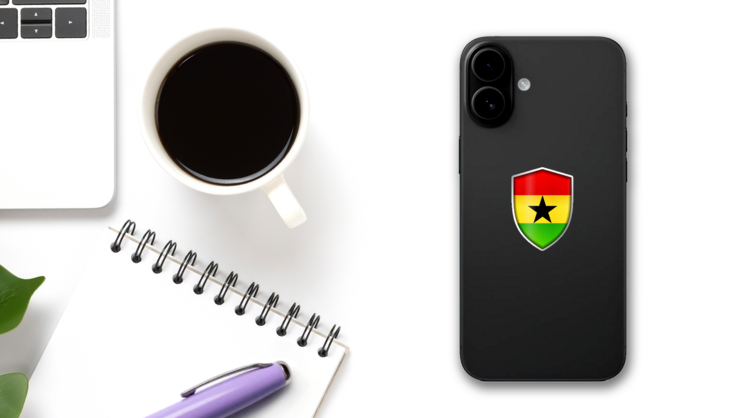 Glossy Ghana Shield Sticker on a Phone (New) example