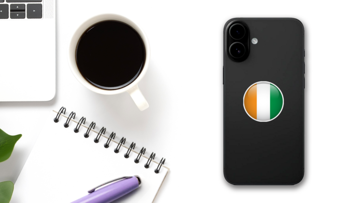 Glossy Ireland Flag Button Sticker on a Phone (New) example