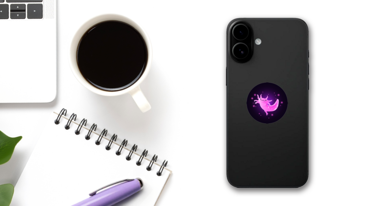 Glowing Pink Axolotl Sticker on a Phone (New) example
