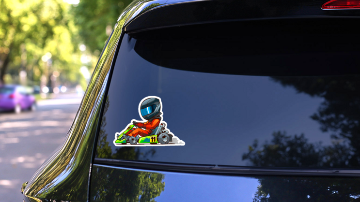 Go Kart Racer Cartoon Sticker on a Rear Car Window (New) example