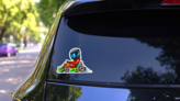 Go Kart Racer Cartoon Sticker on a Rear Car Window (New) example