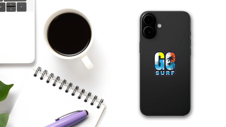 Go Surf Lettering With Grunge Background Sticker on a Phone (New) example