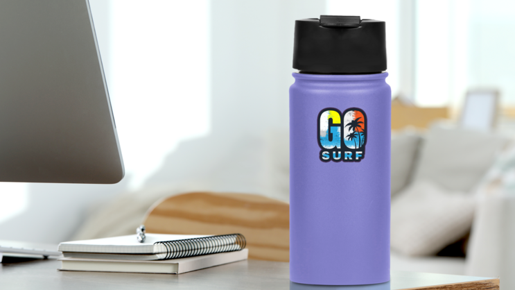 Go Surf Lettering With Grunge Background Sticker on a Water Bottle (New) example
