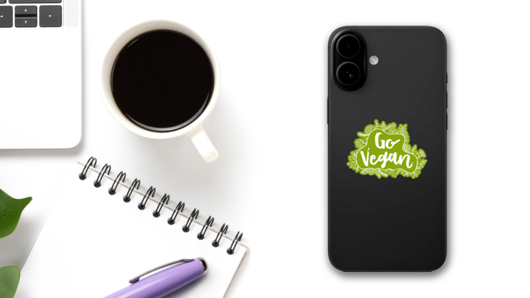 Go Vegan Green Doodle Plant Sticker on a Phone (New) example
