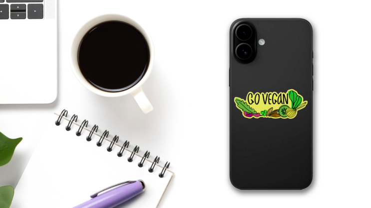 Go Vegan Sketch Sticker on a Phone (New) example