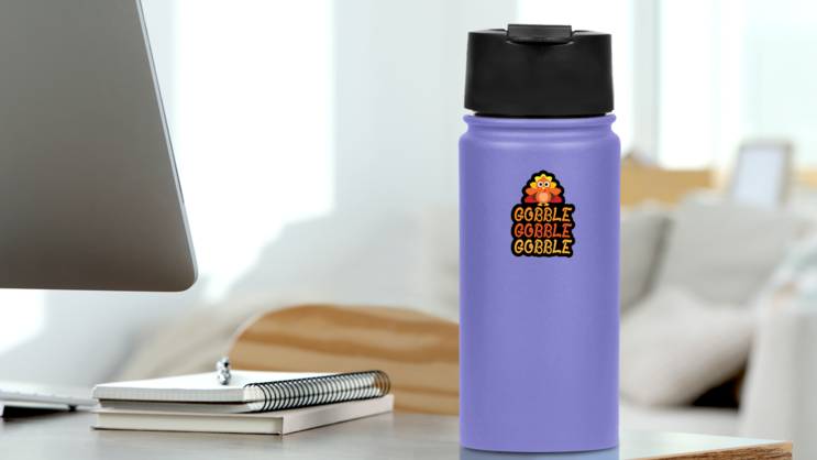 Gobble Gobble Vintage Turkey Letters Sticker on a Water Bottle (New) example