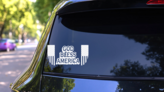 God Bless America With American Flags Sticker on a Rear Car Window (New) example