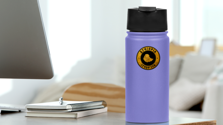 Gold Emblem Ethiopia Sticker on a Water Bottle (New) example