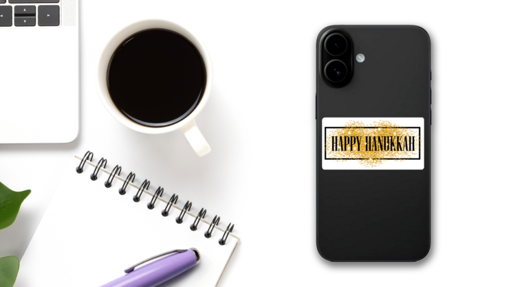 Gold Glitter Happy Hanukkah Sticker on a Phone (New) example
