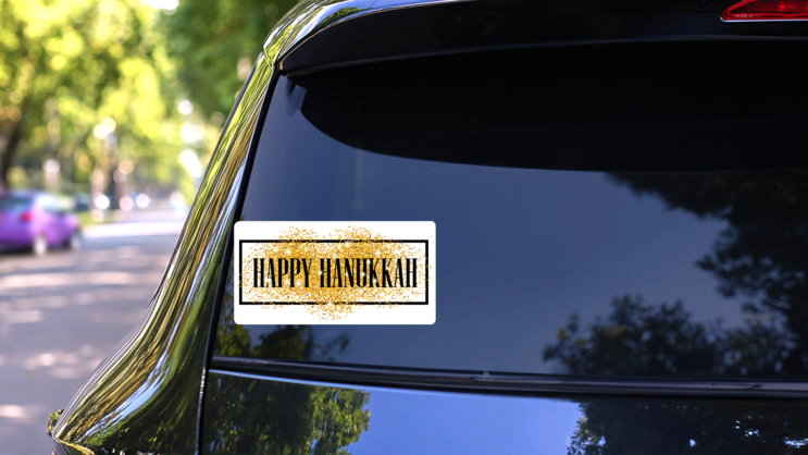 Gold Glitter Happy Hanukkah Sticker on a Rear Car Window (New) example