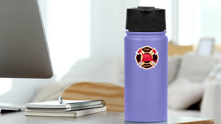 Golden-Edged Fire Department Logo Sticker on a Water Bottle (New) example