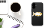 Golden Fish Symbol Christian Religious Sticker on a Phone (New) example