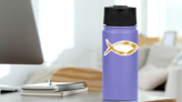 Golden Fish Symbol Christian Religious Sticker on a Water Bottle (New) example