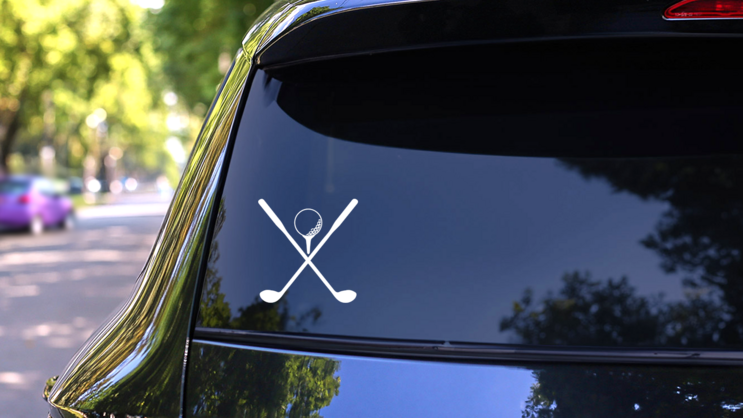 Golf Ball And Tee With Golf Clubs Sticker on a Rear Car Window (New) example