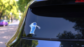 Golf Player, Abstract Blue Geometric Silhouette Sticker on a Rear Car Window (New) example