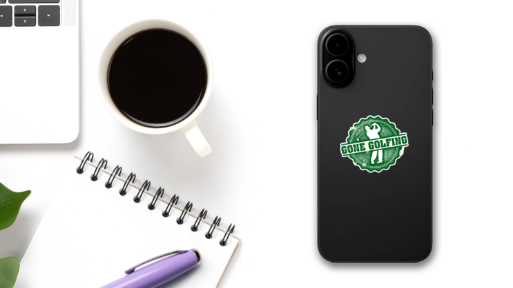 Gone Golfing Vintage Stamp Sticker on a Phone (New) example