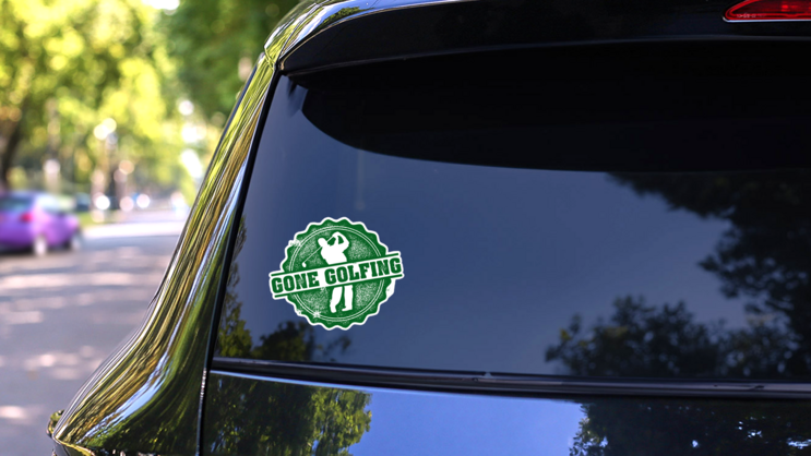 Gone Golfing Vintage Stamp Sticker on a Rear Car Window (New) example