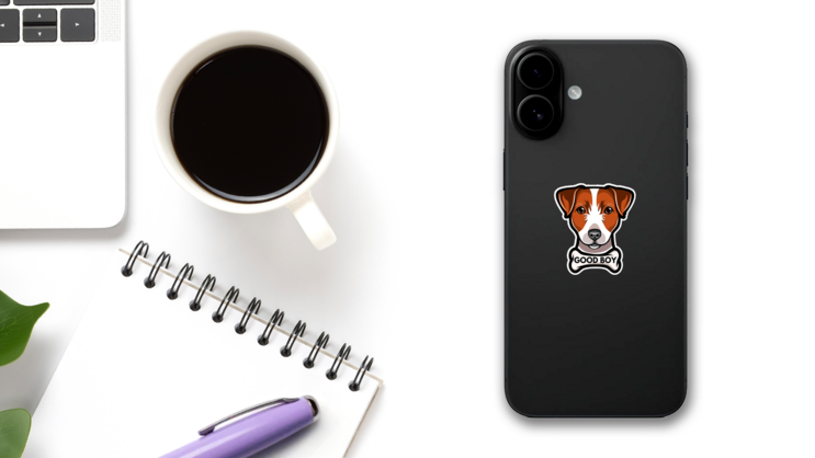 Good Boy Terrier Sticker on a Phone (New) example