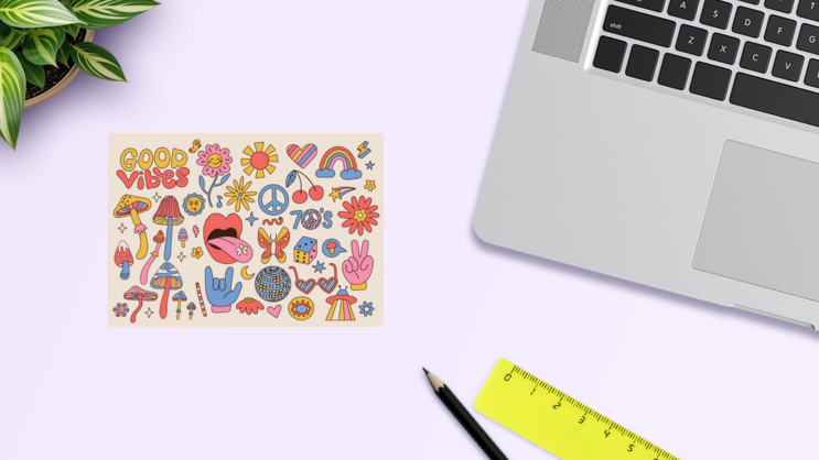 Good Vibes 70s Sticker Sheet on a Desk (New) example