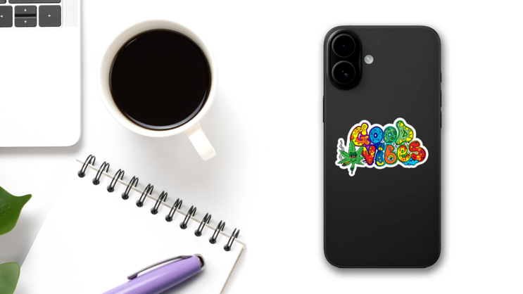 Good Vibes Art Illustration Marijuana Sticker on a Phone (New) example