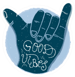 Good Vibes Lettering, Blue Shaka Surf Hand Sticker