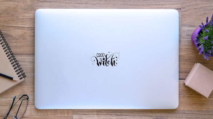Good Witch Lettering Sticker on a Laptop (New) example