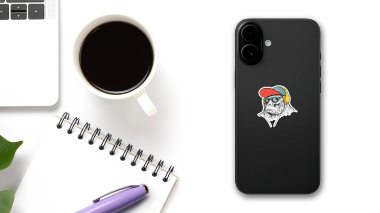 Gorilla Listening Music In Headphones Sticker on a Phone (New) example