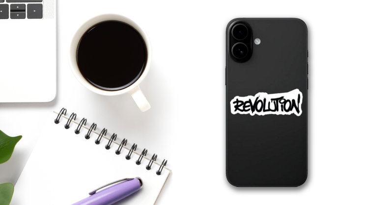 Graffiti Revolution Word Sprayed In Black Over White Sticker on a Phone (New) example