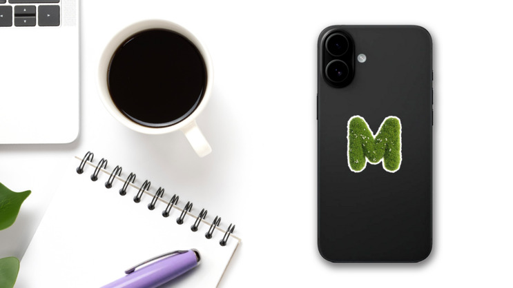 Grass and Flowers Font Letter M Sticker on a Phone (New) example