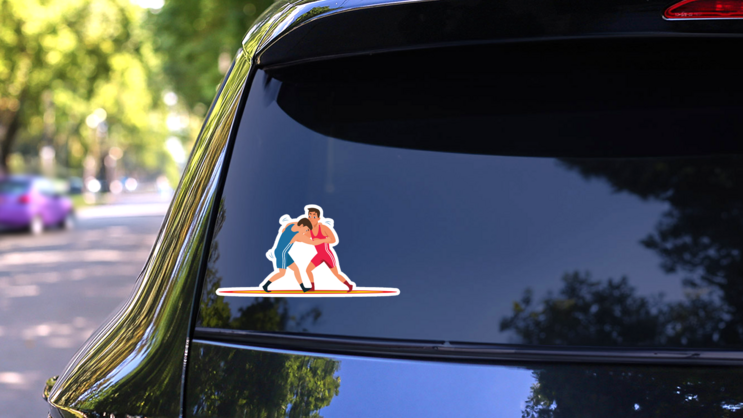 Greco Roman Wrestling Flat Illustration Sticker on a Rear Car Window (New) example