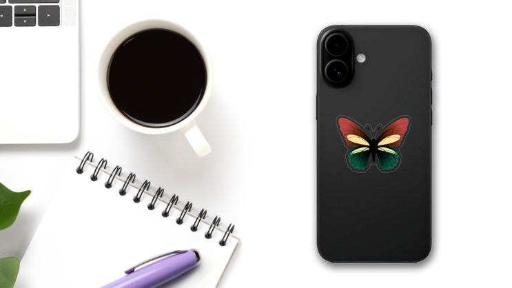 Green and Red Butterfly Sticker on a Phone (New) example