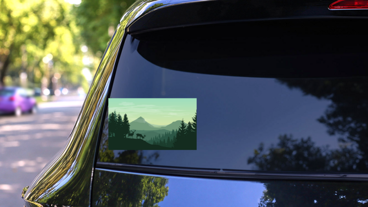 Green Atmospheric Mountain Landscape With Deers Sticker on a Rear Car Window (New) example
